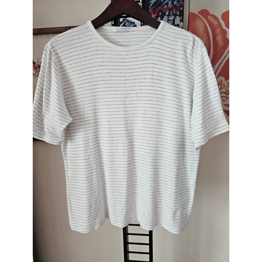Joan Vass USA Striped Short Sleeve Ribbed Crewneck Top Cream Grey USA Made